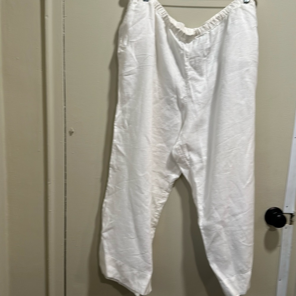 J Jill, white linen wide leg pants, plastic waist, size extra large